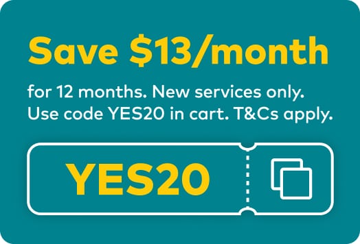 Save $13 per month for 12 months. New services only. Use code YES20 in cart. T&amp;Cs apply.