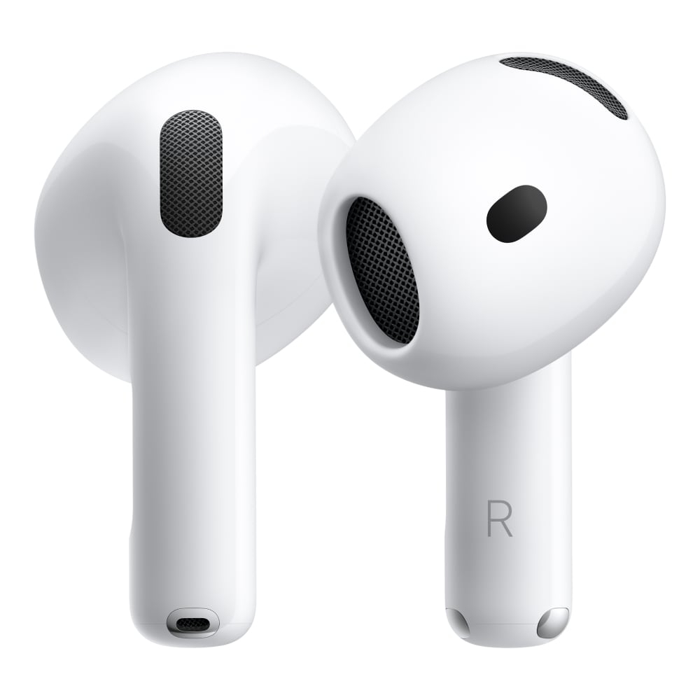 Apple AirPods 5 earbuds in white, shown in a close-up front and angled view highlighting the speaker mesh and stem design.