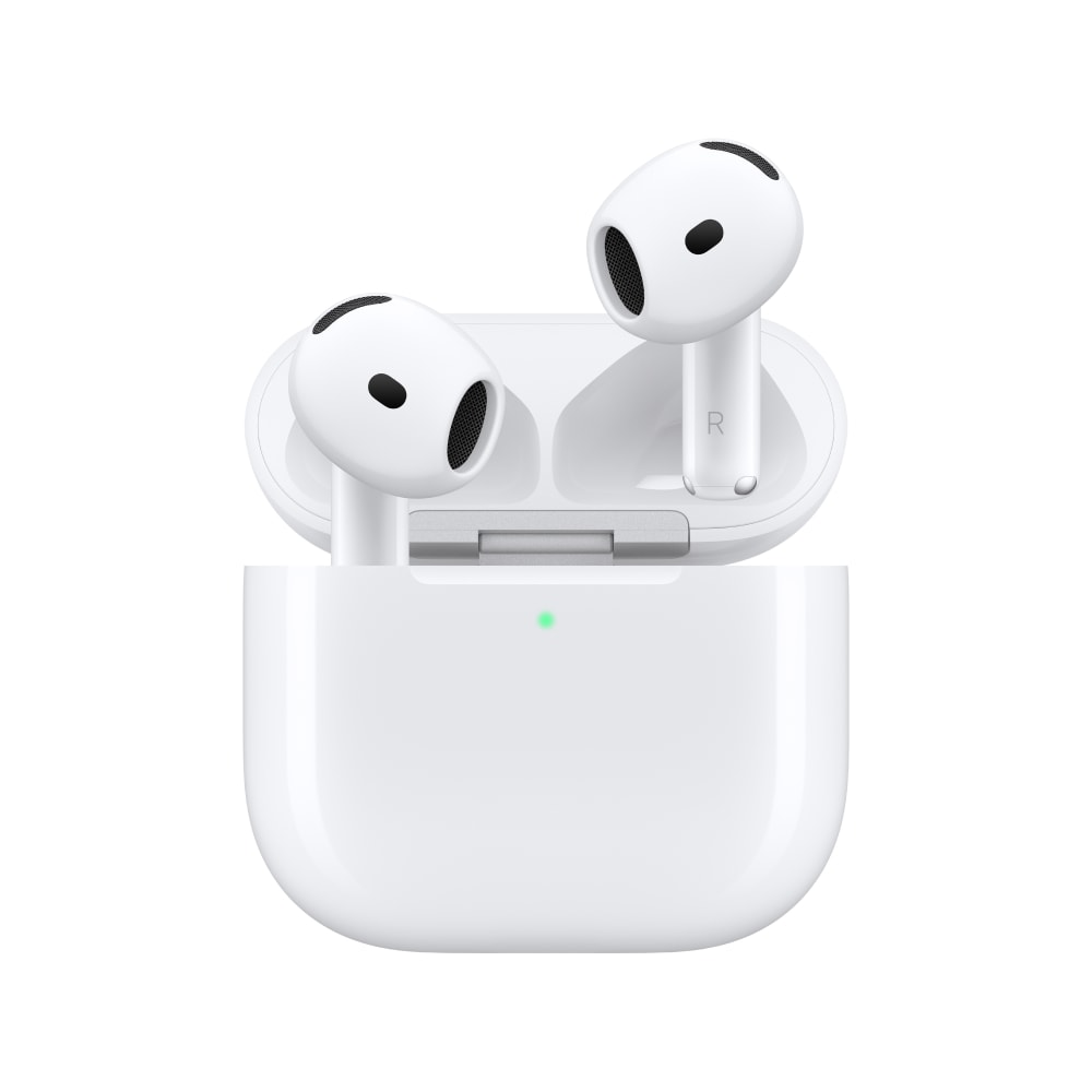 White Apple AirPods 5 displayed in an open USB-C charging case, with one earbud seated inside and charging light illuminated.