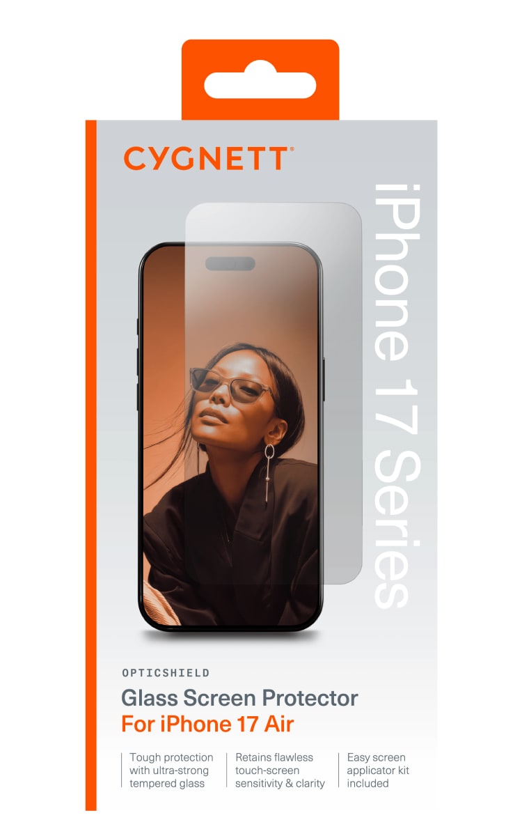Cygnett OpticShield Glass Screen Protector for iPhone 17 Air. Packaging showing screen protector.