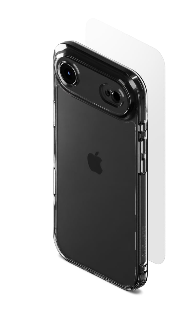 Cygnett Protect & Go Bundle for iPhone Air. Clear case with camera cutouts on device, screen protector shown for layered protection.