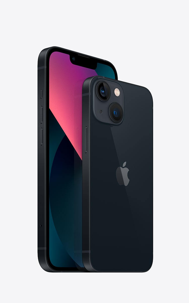 Front and back of the iPhone 13 with a dual-lens camera setup and volume, power buttons and SIM tray on the left side.