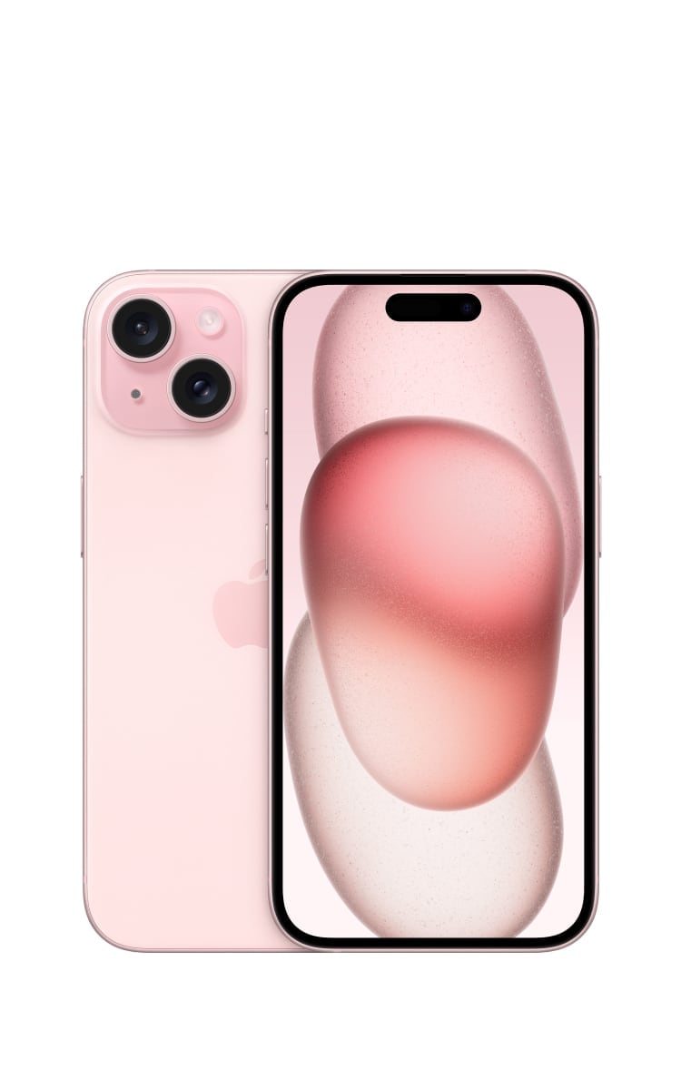 Front and back of the iPhone 15 in pink with a 6.1-inch display, dynamic island, colour infused aluminium glass back and Apple logo.