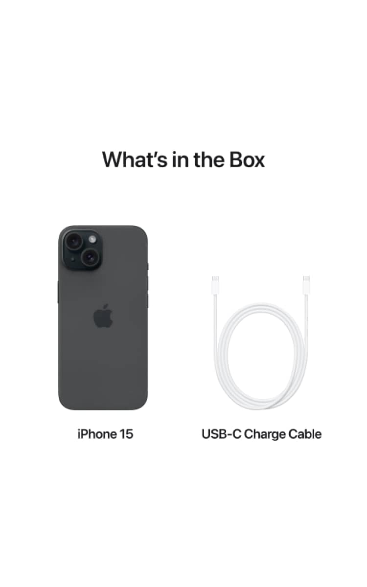 The Apple iPhone 15 box contains the iPhone and a USB-C charging.