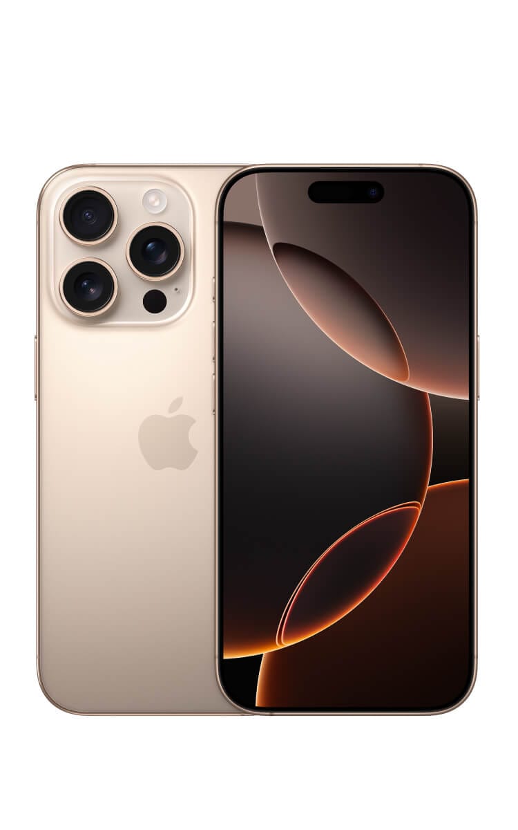 Front and back of the iPhone 16 Pro in Desert Titanium with a 6.3-inch Super Retina XDR display, a 48MP Fusion camera and the Apple logo.