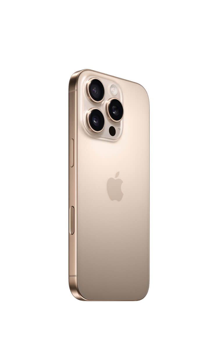Angled view of the iPhone 16 Pro in Desert Titanium with rear cameras, volume button and Apple logo.