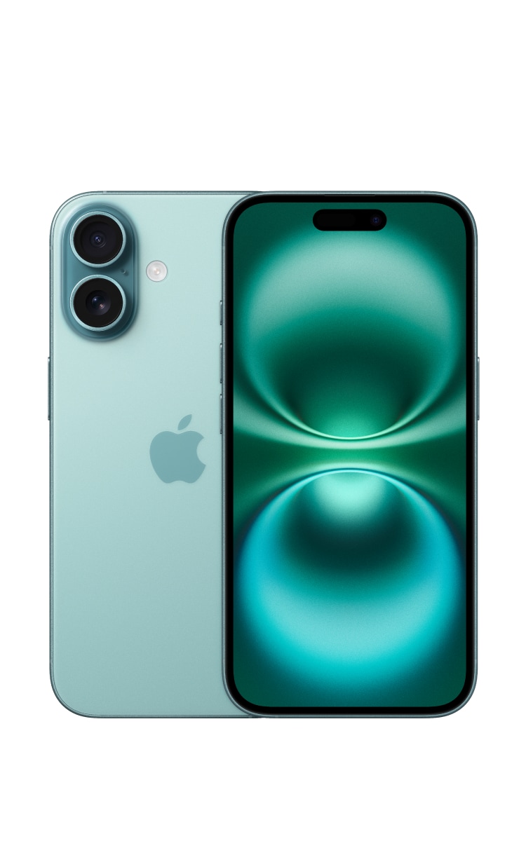 Front and back of the iPhone 16 in teal with a 6.1-inch Super Retina XDR display, a 48MP Fusion camera and the Apple logo.