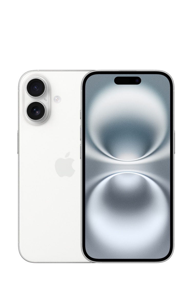 Front and back of the iPhone 16 in white with a 6.1-inch Super Retina XDR display, a 48MP Fusion camera and the Apple logo.