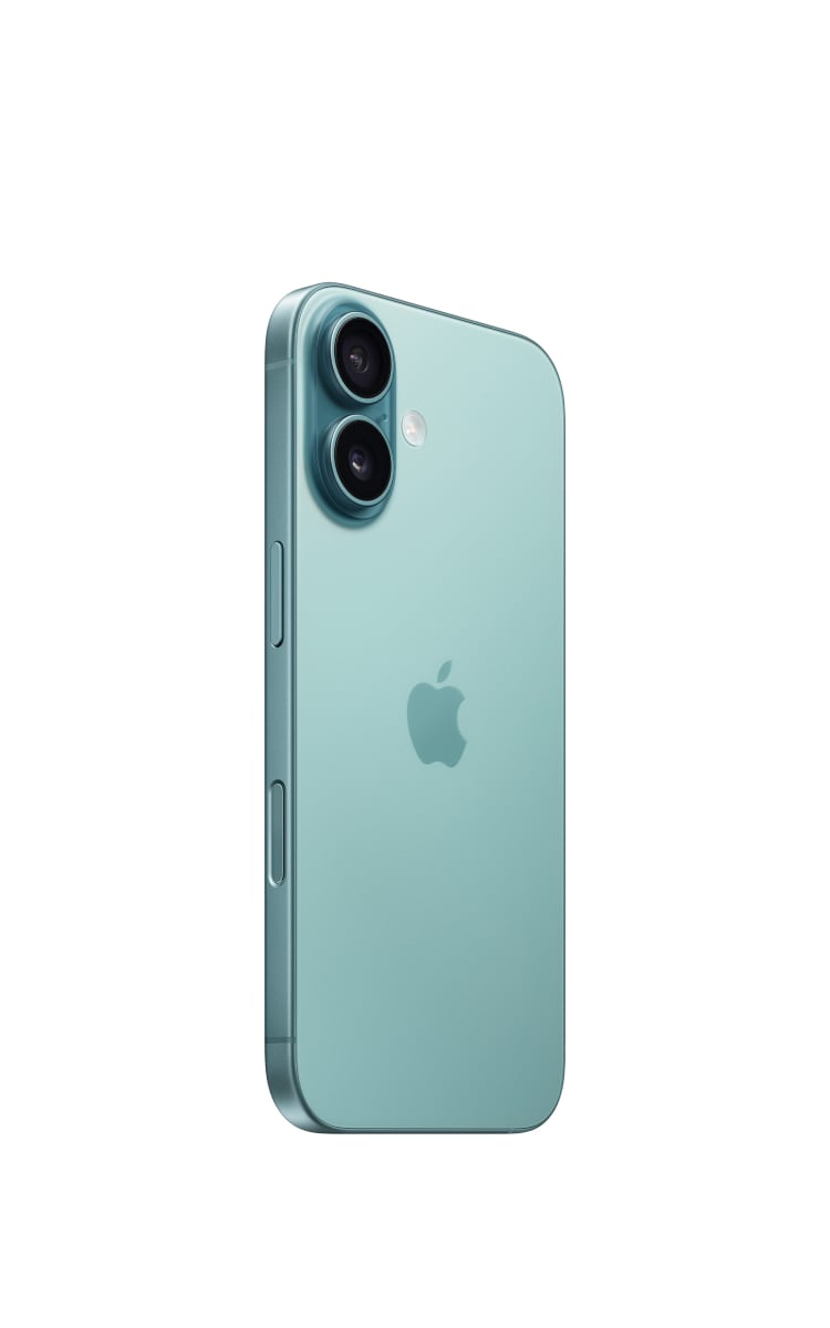 Angled view of the iPhone 16 in teal with rear cameras, volume button and Apple logo. 