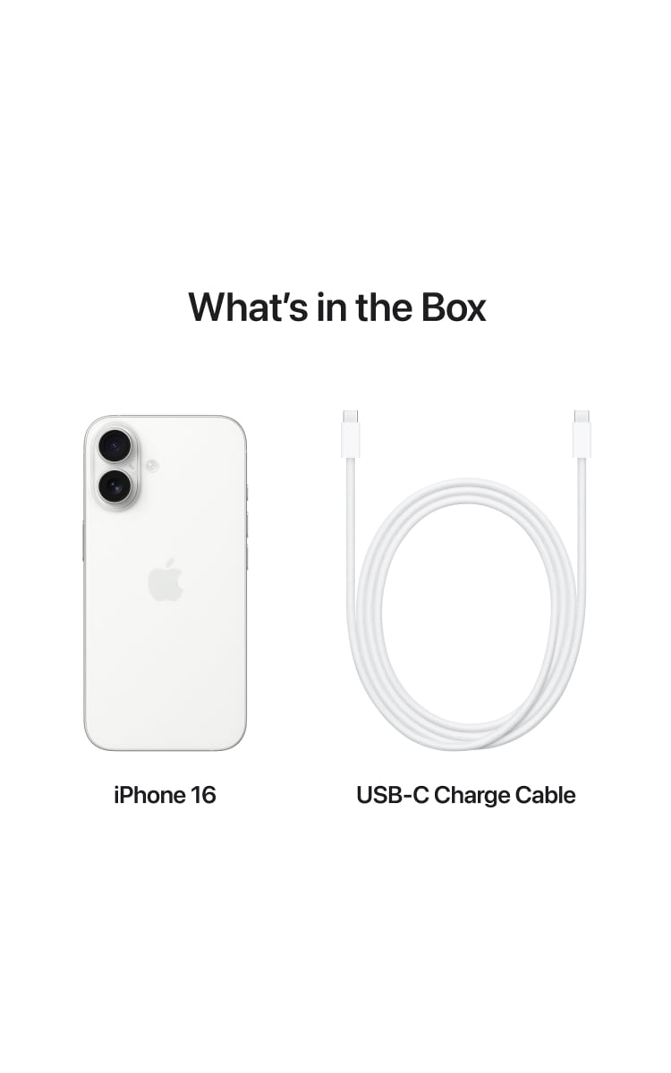 What's in the Box: The Apple iPhone 16 box contains the iPhone 16 and a USB-C charge cable.