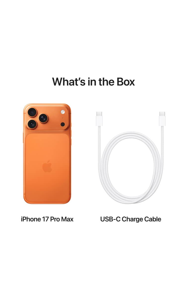 Apple iPhone 17 pro Max box contents showing iPhone 17 Pro Max and USB-C charging cable.