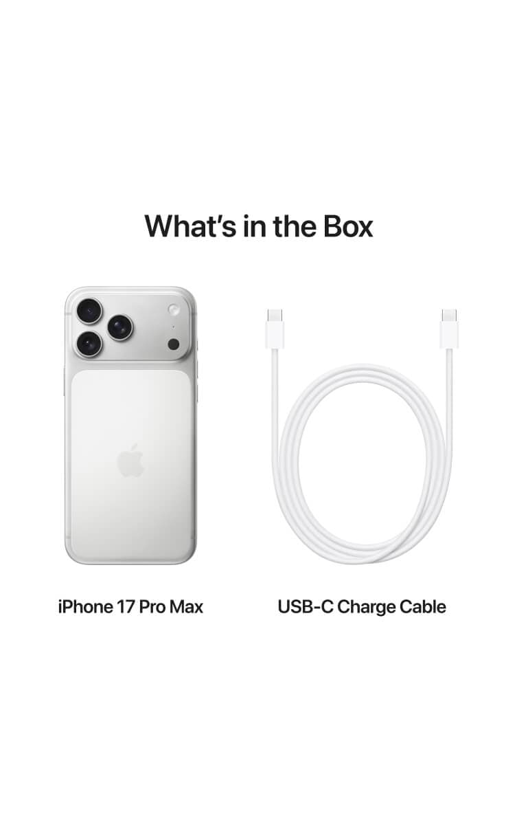 Apple iPhone 17 pro Max box contents showing iPhone 17 Pro Max and USB-C charging cable.