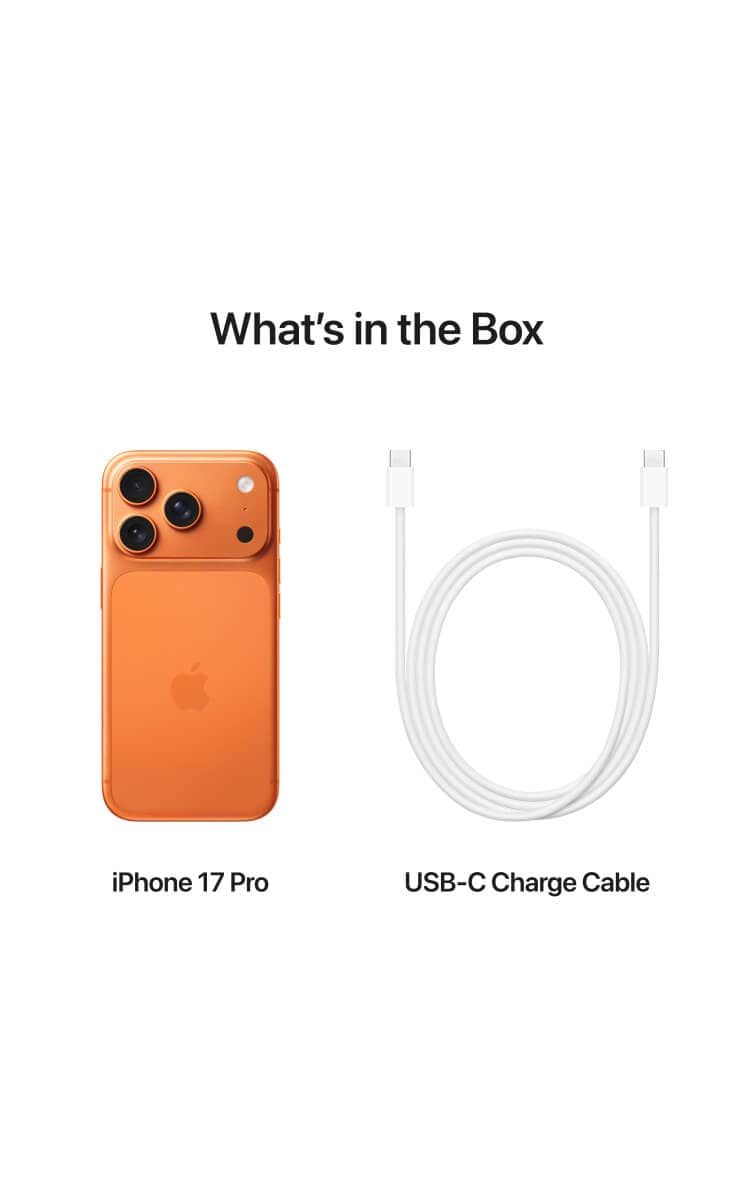 Apple iPhone 17 pro box contents showing iPhone 17 Pro and USB-C charging cable.