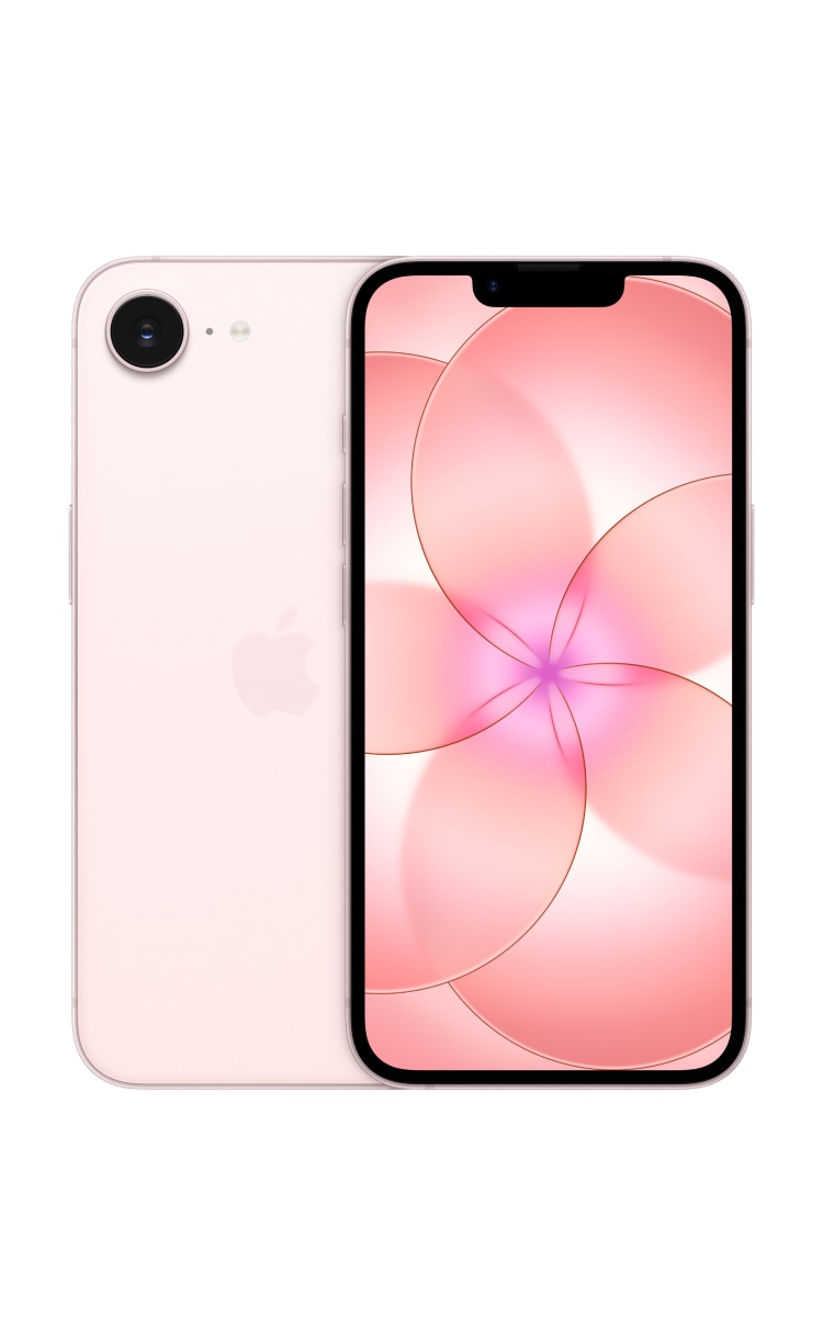 Back and front of the Apple iPhone 17e in soft pink.