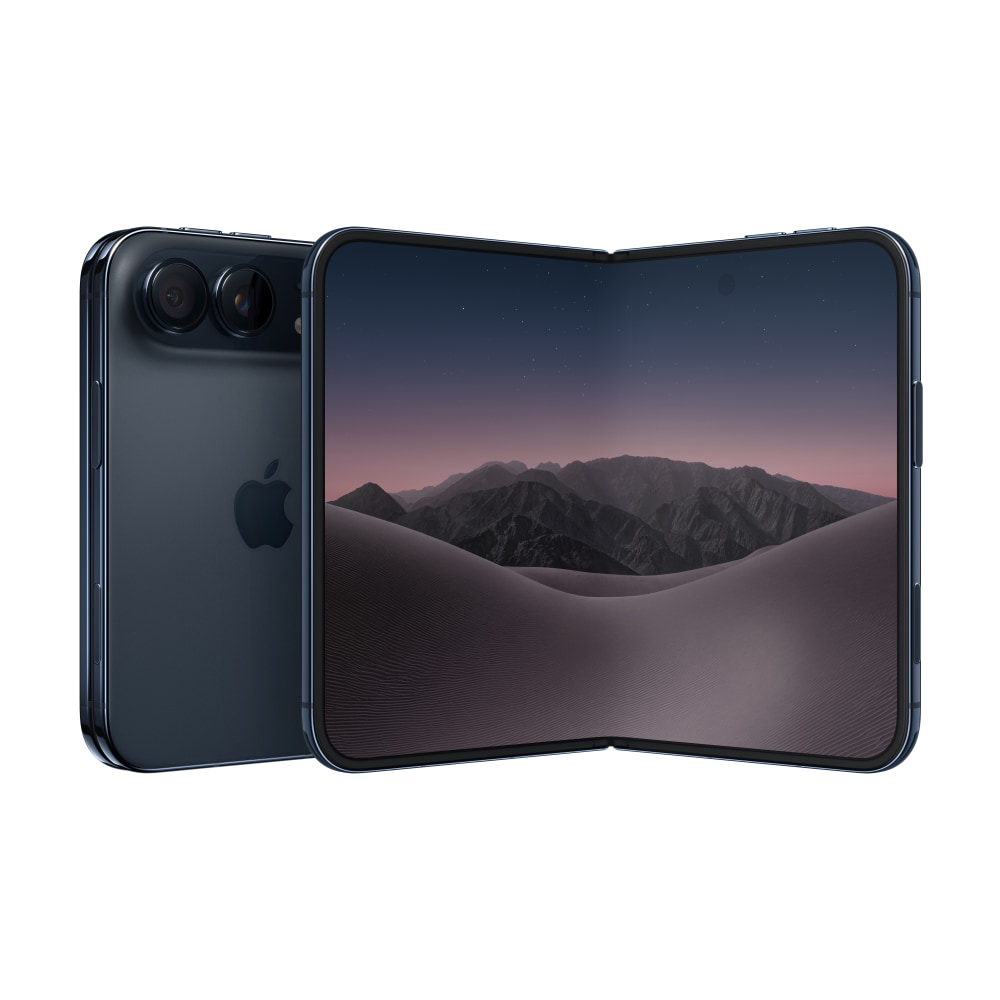 iPhone Duo in Night Sky shown open with a mountain landscape on the inner display