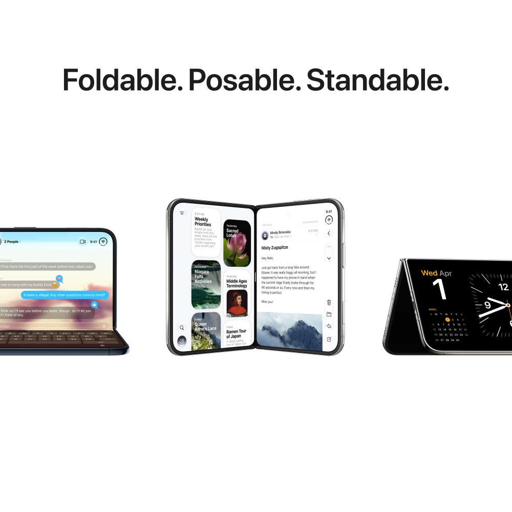 iPhone Duo shown in folded, open and tent-like positions