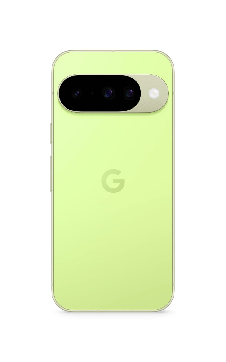 Rear view of Google Pixel 10 in lemongrass featuring a horizontal dual camera bar with flash and the Google "G" logo centred on the back.