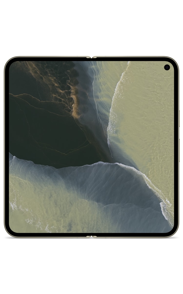 Front view of Google Pixel 11 Pro Fold in olive unfolded, showing the large inner display and punch-hole camera.