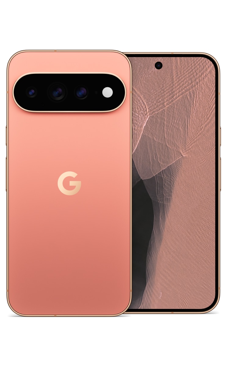 Front and back view of the Google Pixel 11 Pro XL in canyon, displaying front camera and the Google logo.