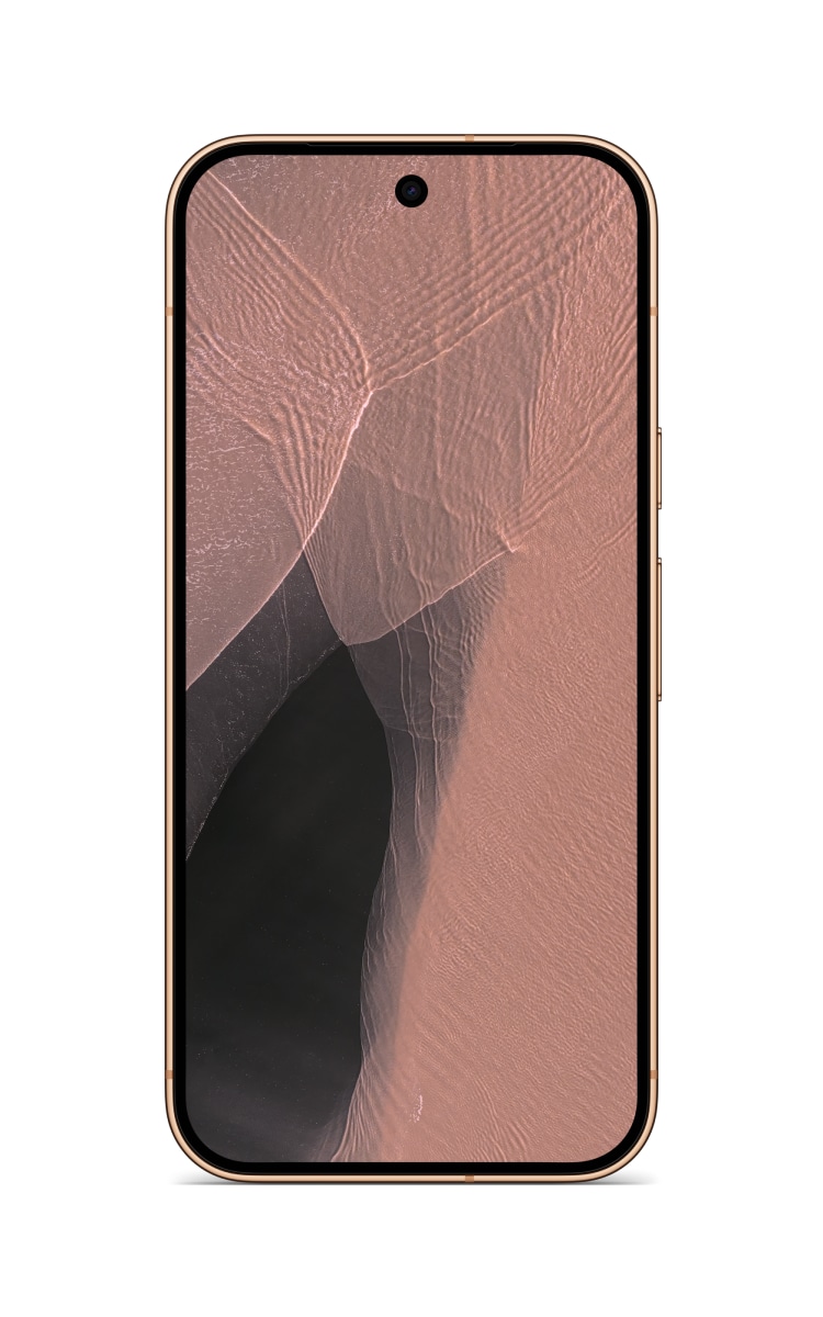 Front view of Google Pixel 11 Pro in canyon with a centred punch-hole front camera and side buttons.