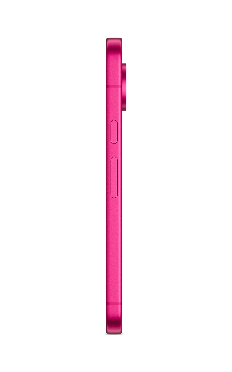 Side profile view of Google Pixel 11 in hibiscus showing a slim frame with volume and power buttons, and a slightly protruding rear camera module.