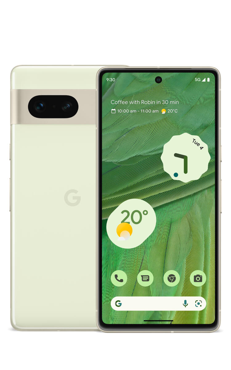 Front & back view of Pixel 7 in Lemongrass with a 6.7-inch screen & a 10.8MP front camera and a dual rear camera at the back