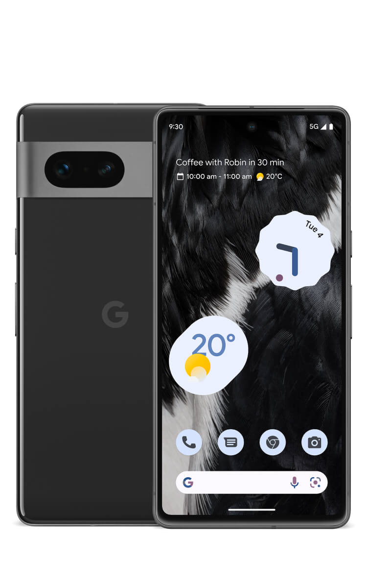 Front & back view of Pixel 7 in Obsidian with a 6.7-inch screen & a 10.8MP front camera and a dual rear camera at the back