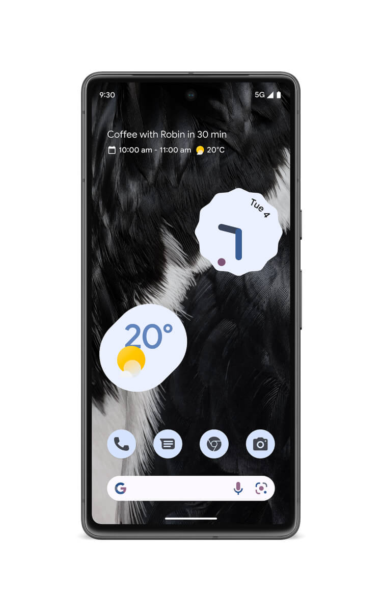 Front screen of Google Pixel 7 showing date, time temperature & upcoming appointment with a 10.8MP front camera in top middle