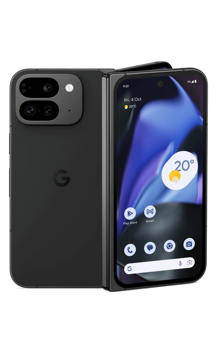 Back and front cover screen of the folded Google Pixel 9 Pro Fold in Obsidian