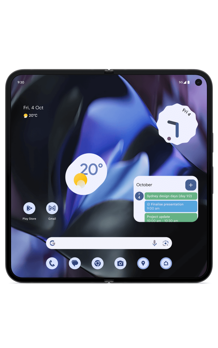 Unfolded main screen of the Google Pixel 9 Pro Fold in Obsidian