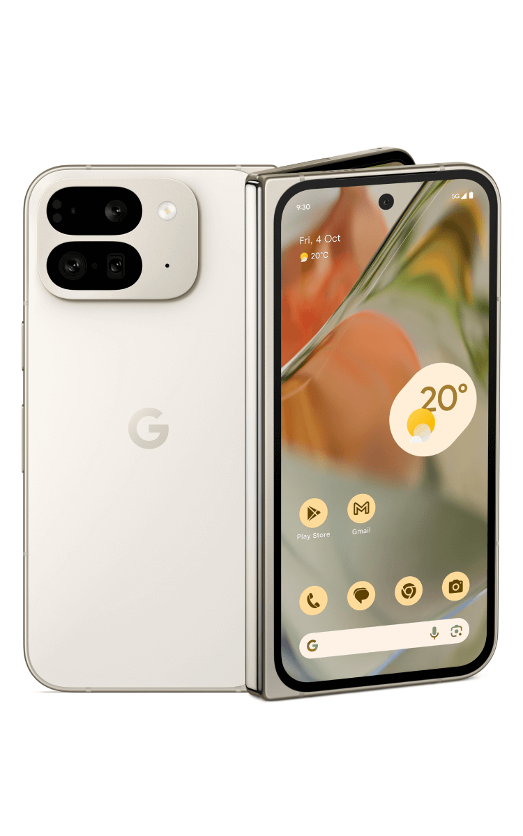 Back and front cover screen of the folded Google Pixel 9 Pro Fold in Porcelain