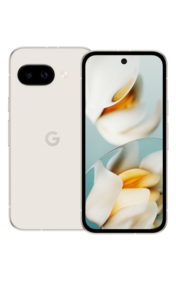 Back and front of the Google Pixel 9a in Porcelain.