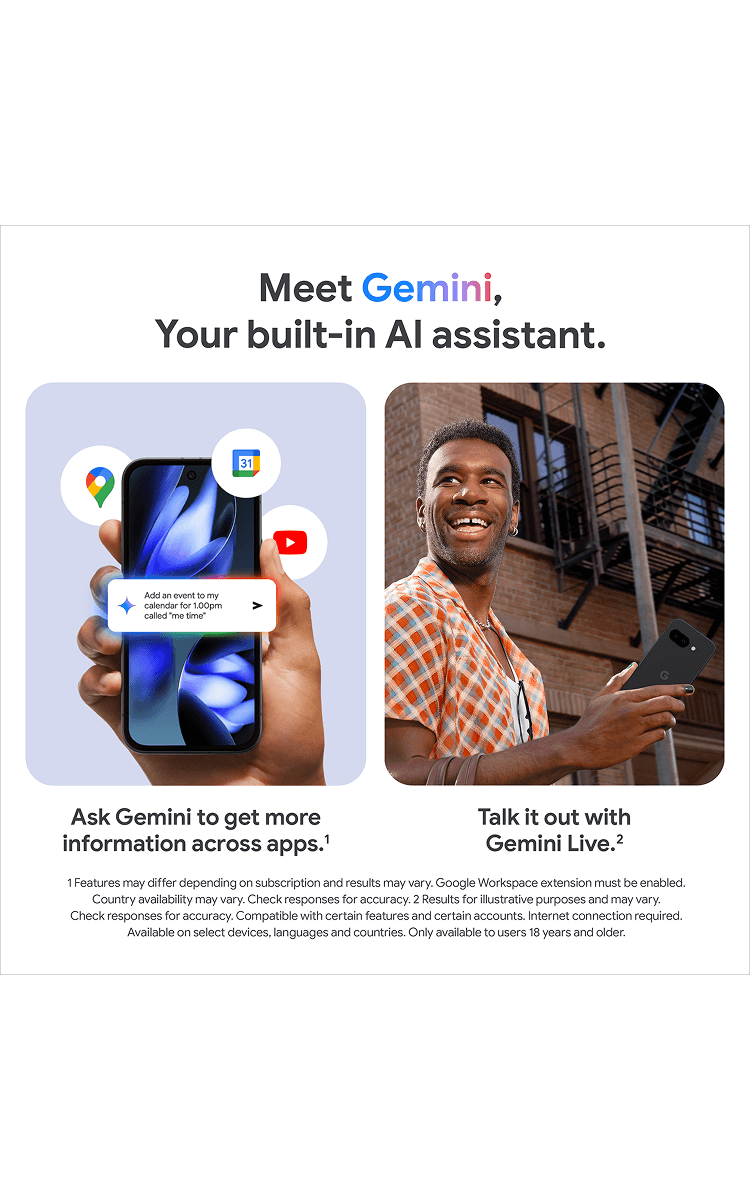 Smartphone with assistant popup and a person holding a Google Pixel 9a, highlighting Gemini’s interface and AI features.