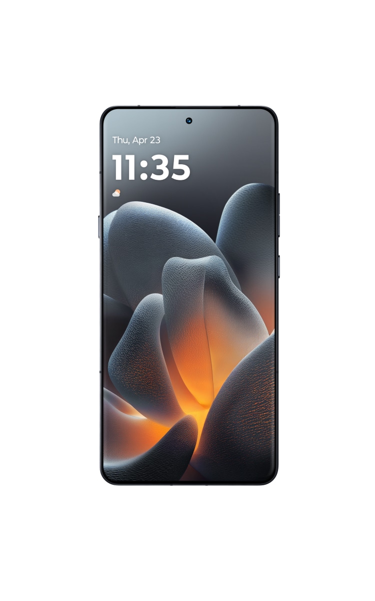 Front display of Motorola Signature in Carbon showing date, time and front camera.