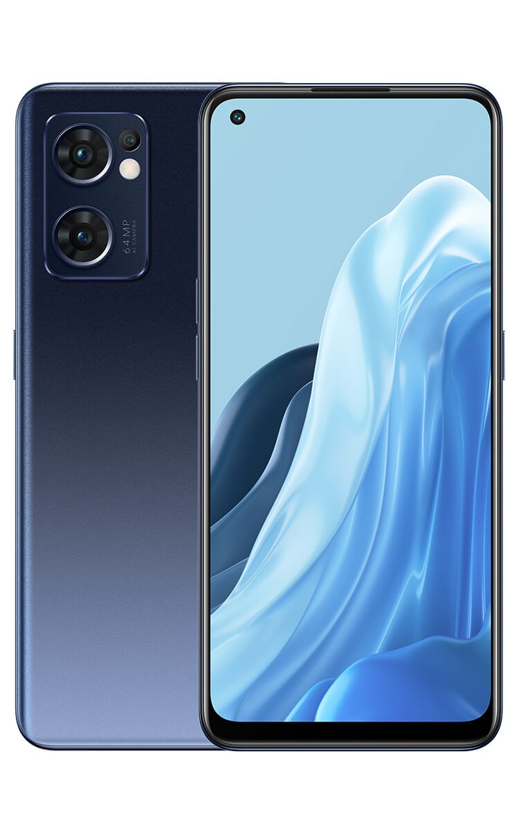 Front and back of the OPPO Find X5 Lite in Starry Black, with a gradient from black through navy to metallic pastel blue and a tri-lens system in the upper left on the back, and a camera punch in the upper right of the screen on the front.
