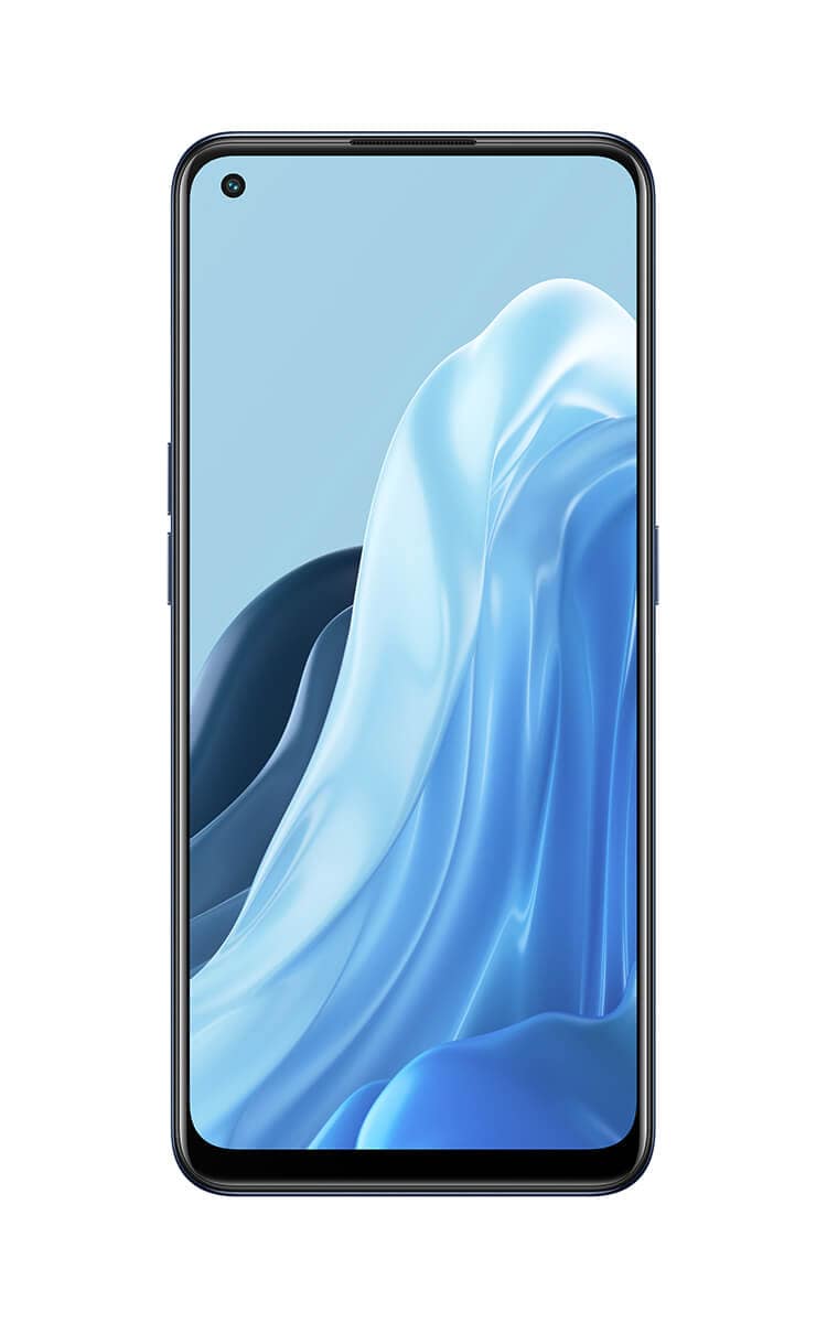 Front of the phone with the power button on the right, volume buttons on the left, and a camera punch in the upper right corner of the screen.