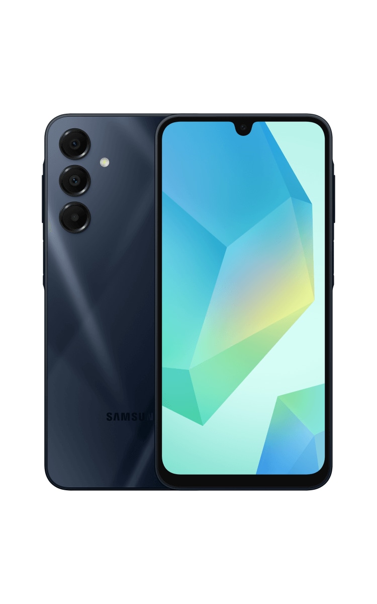 Front and back of Samsung Galaxy A16 in Blue Black.