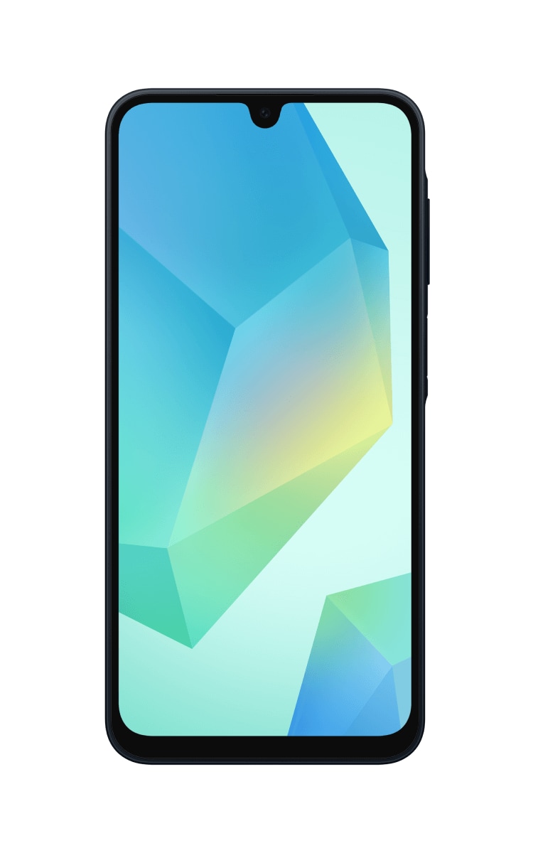 Front view of a Samsung Galaxy A16 5G featuring a large screen with an abstract geometric pattern in shades of blue, green, and yellow.