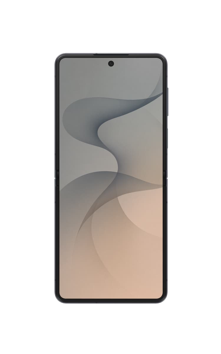 Front unfolded view of the Samsung Galaxy Z Flip8 in graphite with the display screen and front camera.