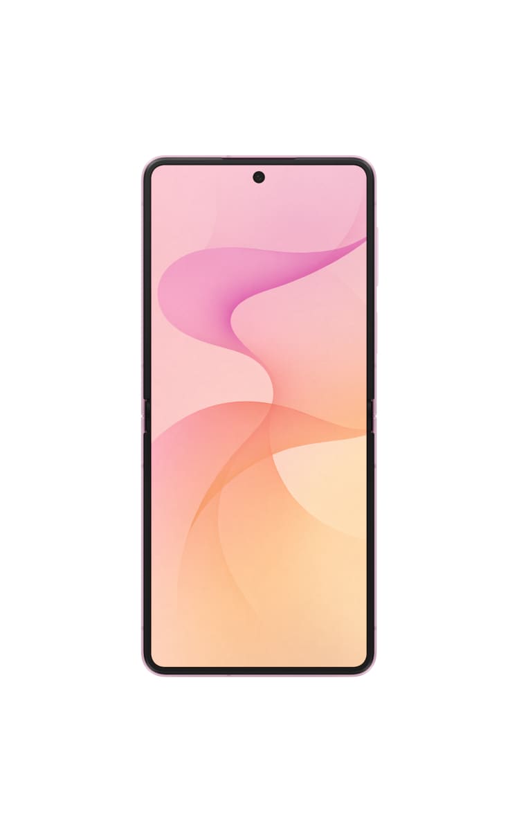 Front unfolded view of the Samsung Galaxy Z Flip8 in pink with the display screen and front camera.