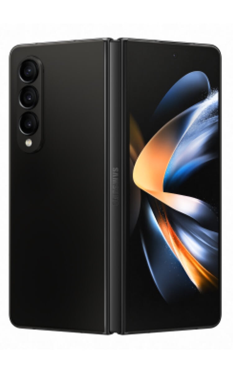 Back view of the Phantom black Samsung Galaxy Fold 4 open at an angle, showing the back with oval tri-lens camera system, front screen and hinge.