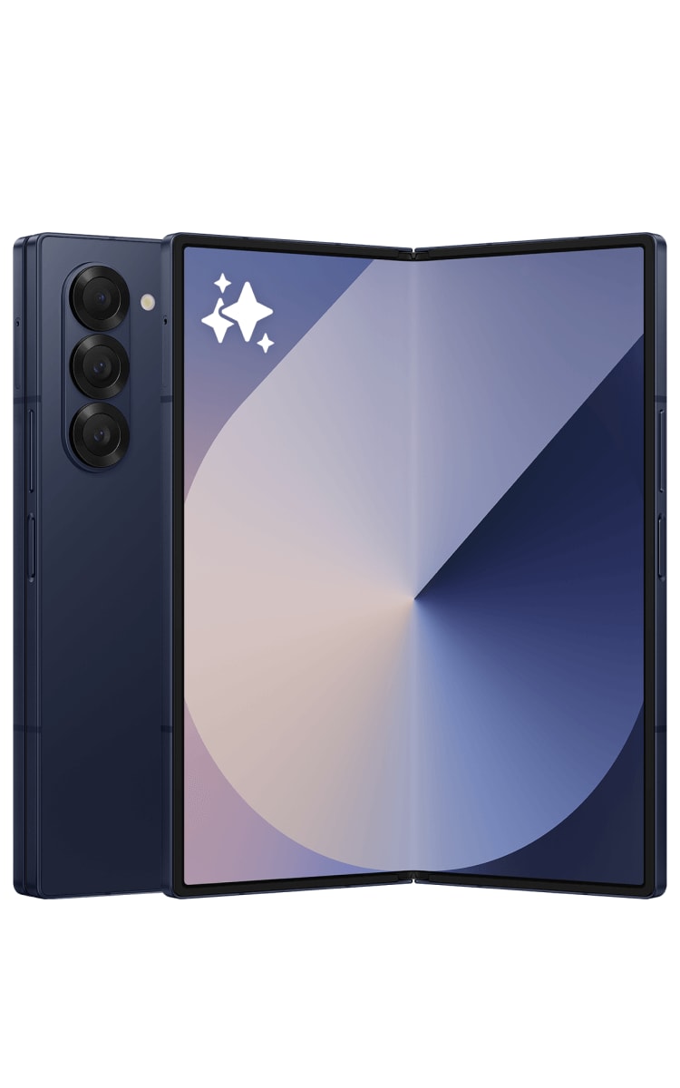Outside view of the Galaxy Z Fold6 in Navy with the outer screen and back of phone showing the triple lens camera.