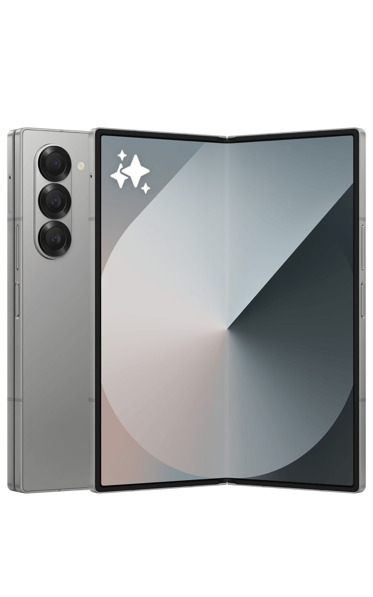Outside view of the Galaxy Z Fold6 in Silver Shadow with the outer screen and back of phone showing the triple lens camera.
