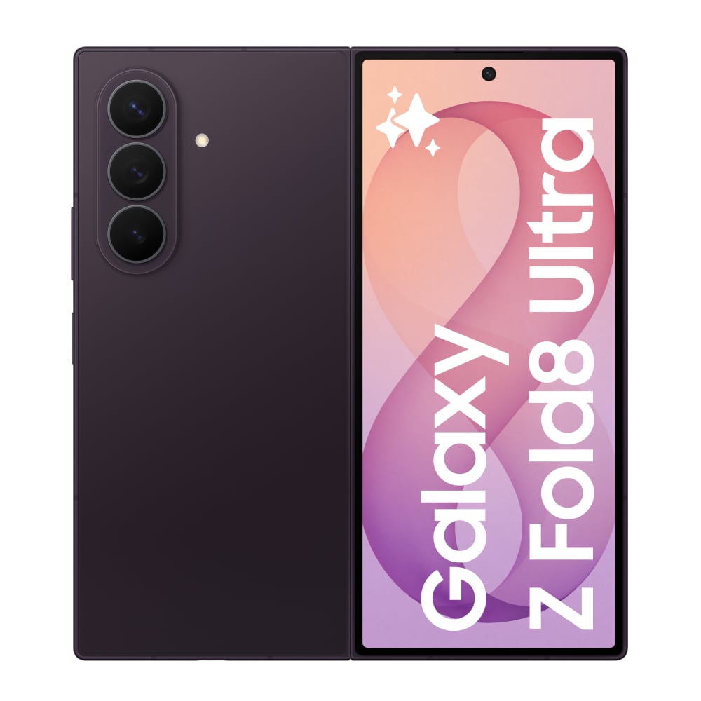Front and back view of the Samsung Galaxy Z Fold8 Ultra in violet shadow unfolded showing the main and cover screen.