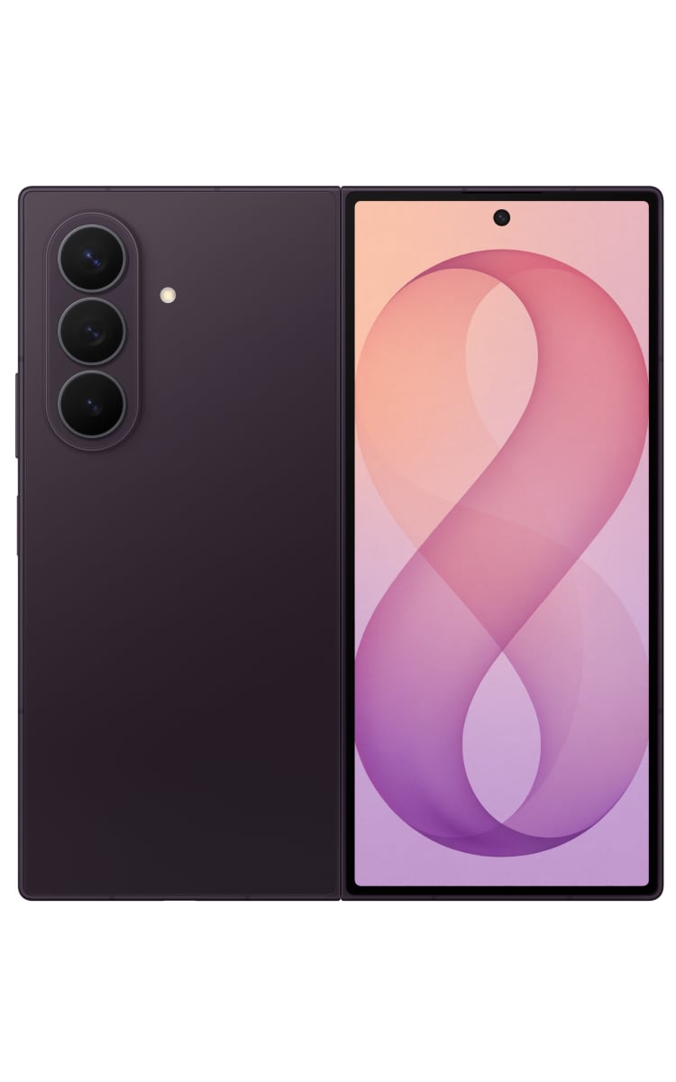 Front and back view of the Samsung Galaxy Z Fold8 Ultra in violet shadow unfolded showing the main and cover screen.