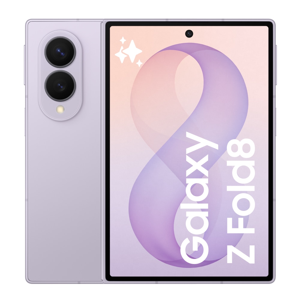 Front and back view of the Samsung Galaxy Z Fold8 in lavender unfolded showing the main and cover screen.