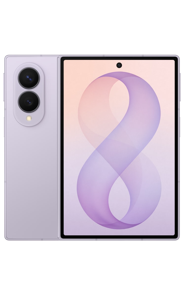 Front and back view of the Samsung Galaxy Z Fold8 in lavender unfolded showing the main and cover screen.