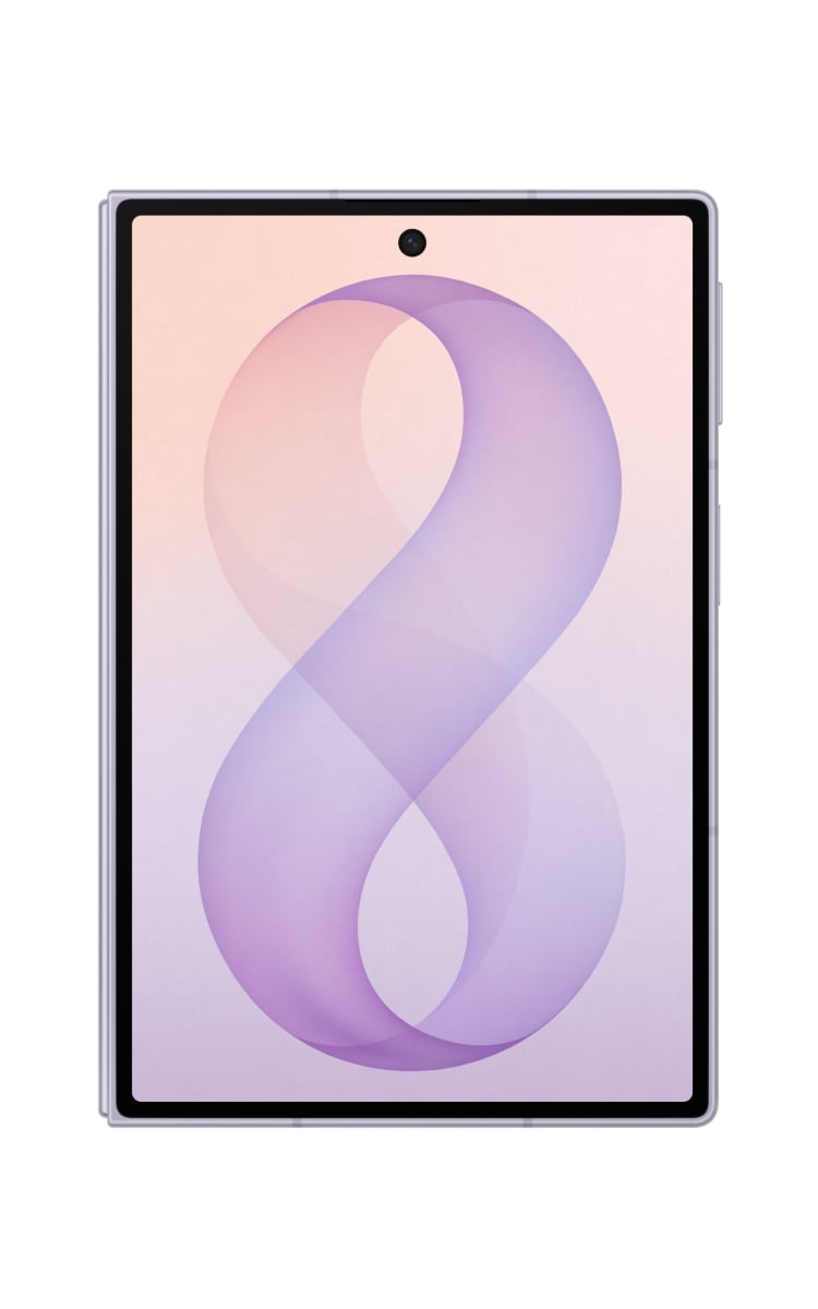 Front view of the Samsung Galaxy Z Fold8 in lavender with the display screen and front camera.