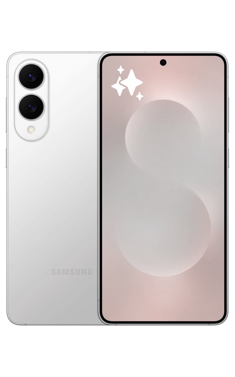 Front and back view of the Galaxy S25 Edge in silver with back camera panel and front display.