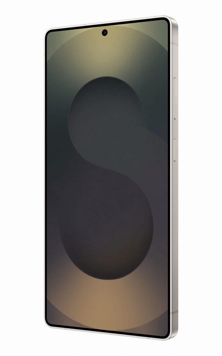 Front display of the Samsung Galaxy S25 Ultra in Titanium Gray angled towards the right.